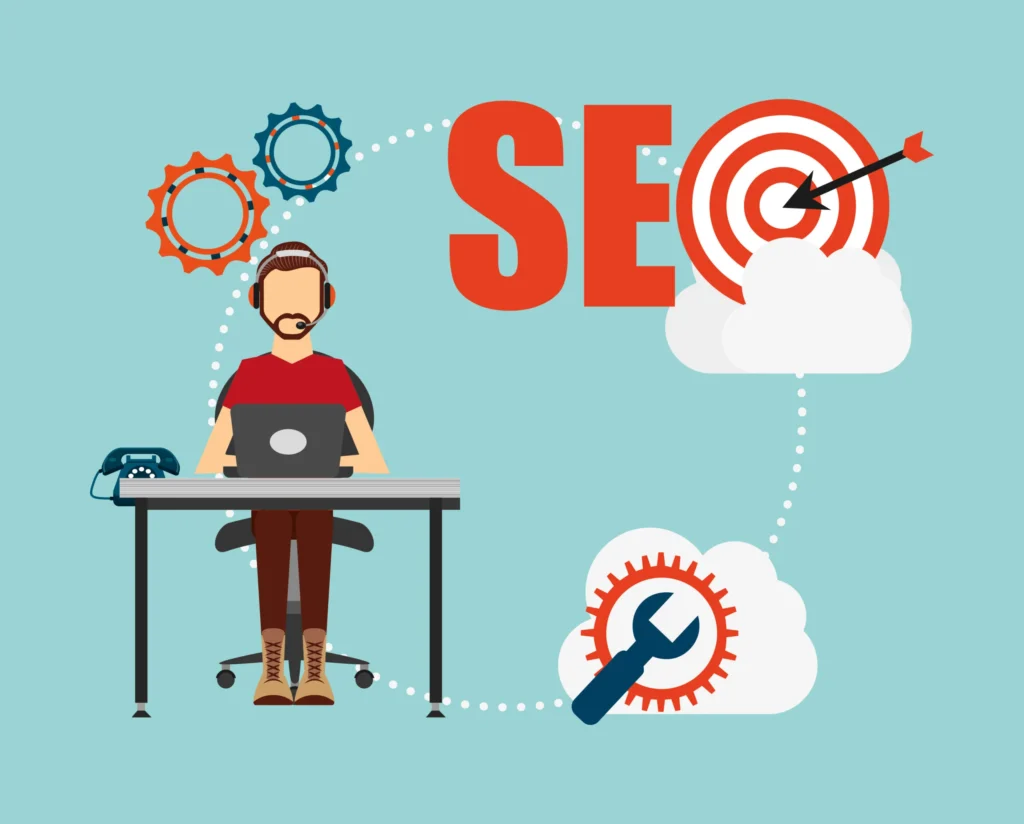 Entrepreneur ata desk with SEO visuals highlighting solutions offered by Top SEO Services in USA